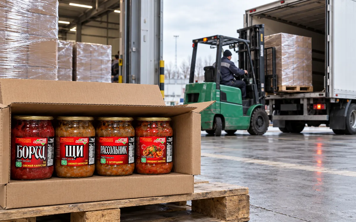 Отгрузка консервной продукции: паллеты с коробками и погрузчик у фуры