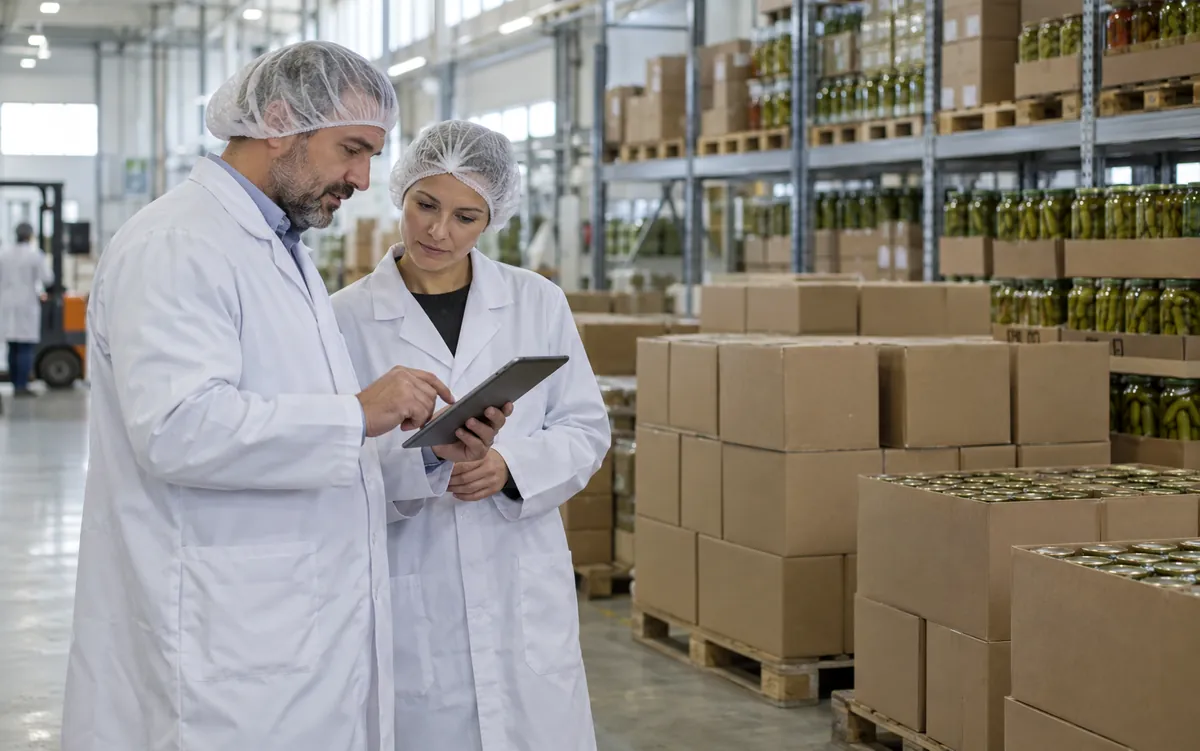 Сотрудники завода «Агриппина» с партнёром на складе готовой продукции