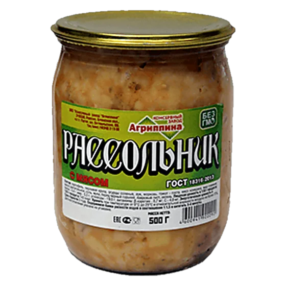 Рассольник с мясом — консервы «Агриппина», стеклянная банка