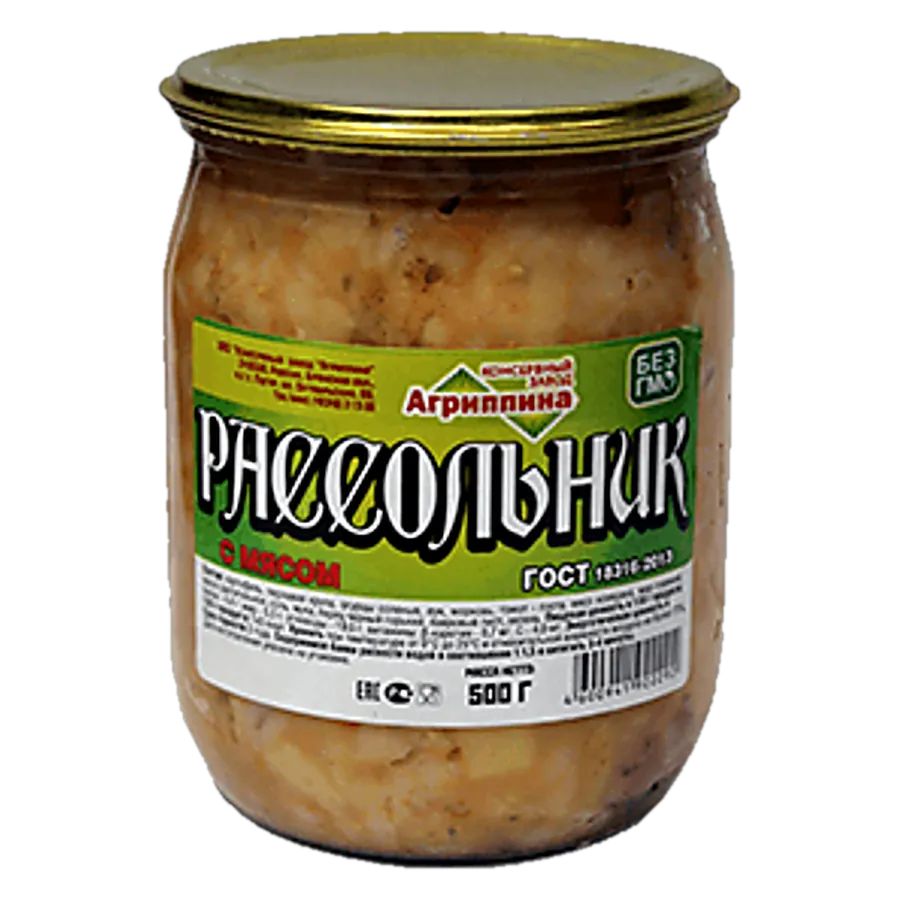 Рассольник с мясом — консервы «Агриппина», стеклянная банка с этикеткой
