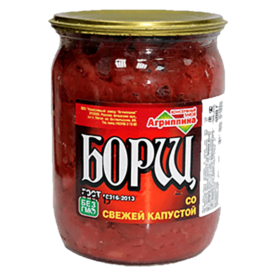 Борщ со свежей капустой — консервы «Агриппина», стеклянная банка с этикеткой