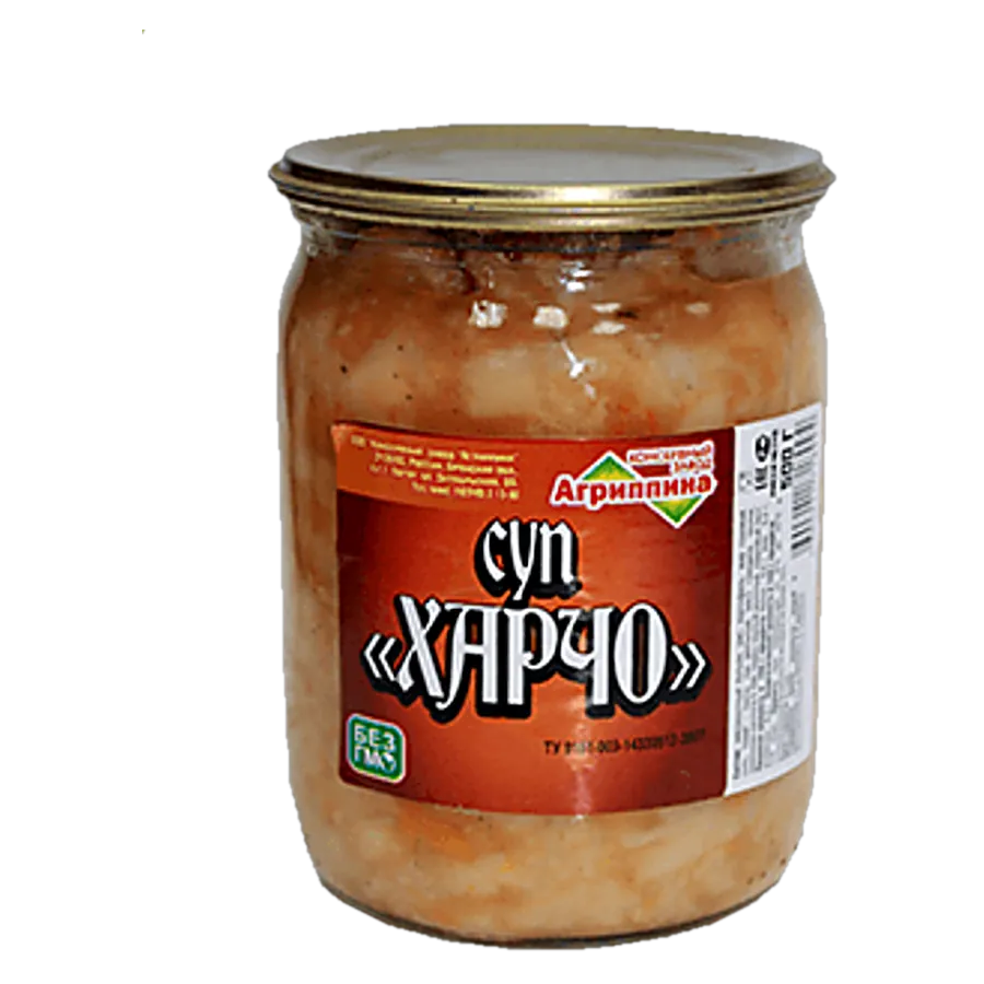 Суп харчо — консервы «Агриппина», стеклянная банка с этикеткой
