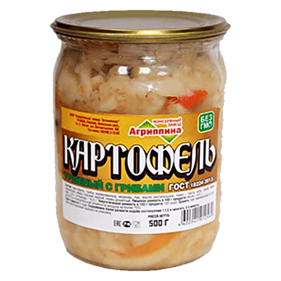 Картофель тушёный с грибами — консервы «Агриппина», стеклянная банка