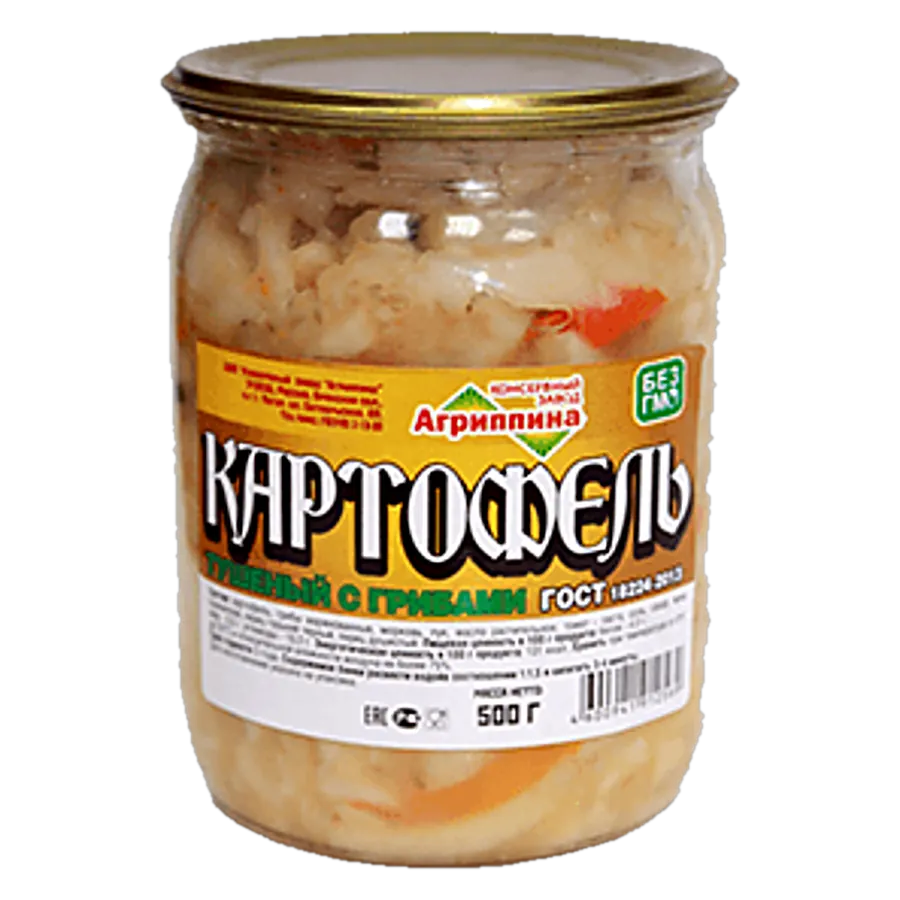 Картофель тушёный с грибами — консервы «Агриппина», стеклянная банка с этикеткой
