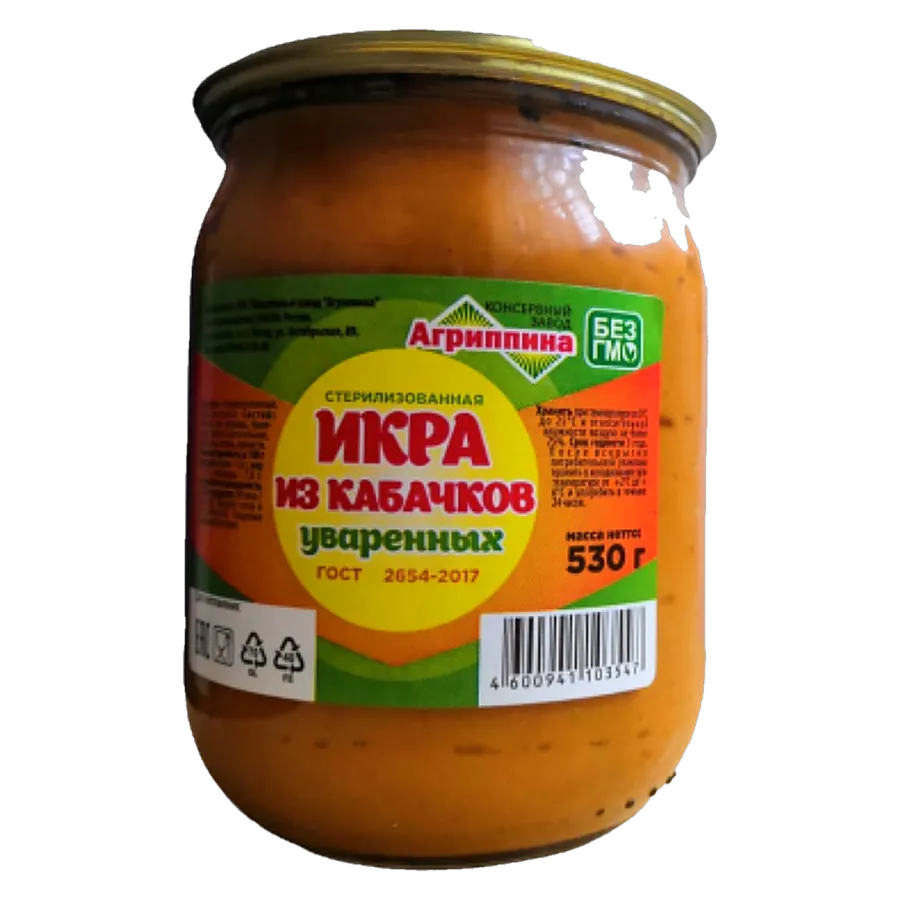 Икра из уваренных кабачков — консервы «Агриппина», стеклянная банка с этикеткой